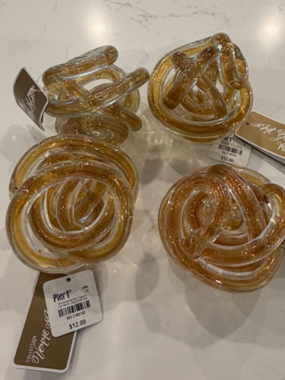 NWT Pier 1 Art Glass Collection Gold Glitter Swirl Knot Orbs Set of 4 Decor